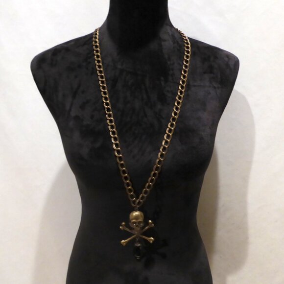 NEW 34” GOTHIC SKULL & CROSSBONES BRASS METAL CHAIN DOUBLE SIDED NECKLACE - Picture 2 of 5